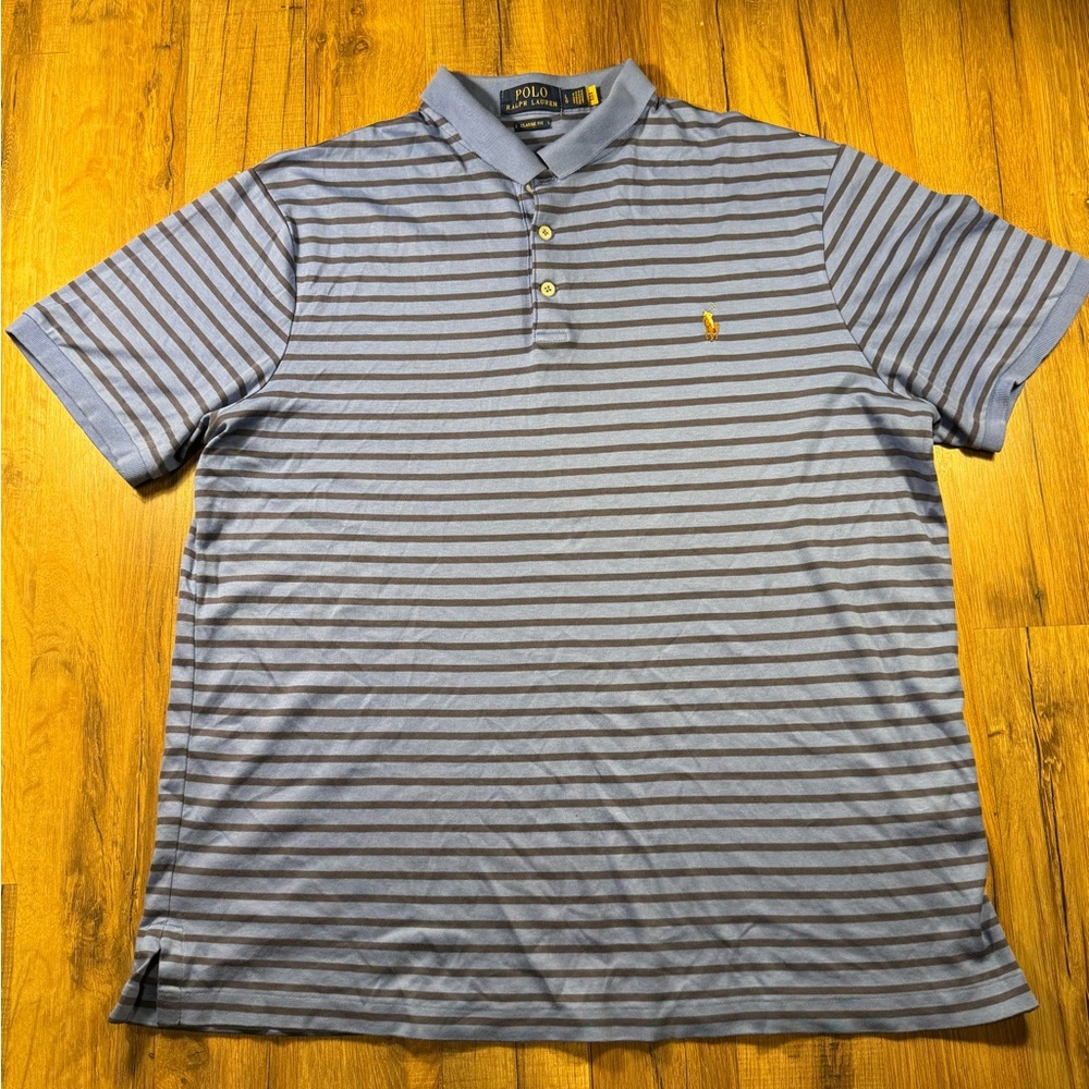 Ralph Lauren Grey & Blue Striped Polo Shirt - Men’s Size L